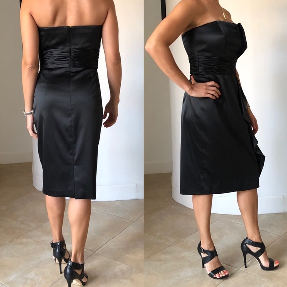 WHBM Strapless Cascade Black Satin Formal Dress - Picture 2 of 8